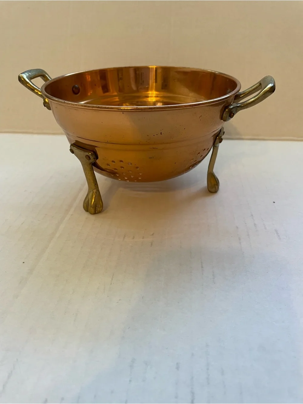 Vintage copper & brass berry colander with feet